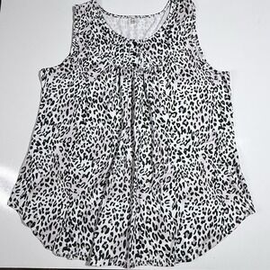 Halife Black White Leopard Animal Print Pleated Front Sleeveless Blouse Tank 2XL